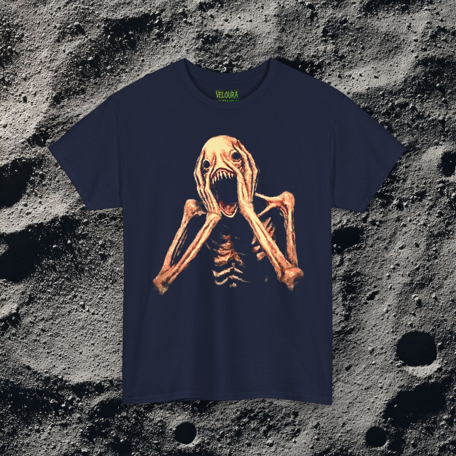 This shirt features a grotesque skeletal creature with pale, stretched skin and exposed rib-like bones, its elongated arms raised toward its head in a pose of eternal screaming, with clawed hands framing a wide gaping mouth filled with sharp jagged teeth, empty black eye sockets above adding to its nightmarish expression, the design rendered in eerie detail against a solid black background, creating a disturbing and unsettling analog horror aesthetic.