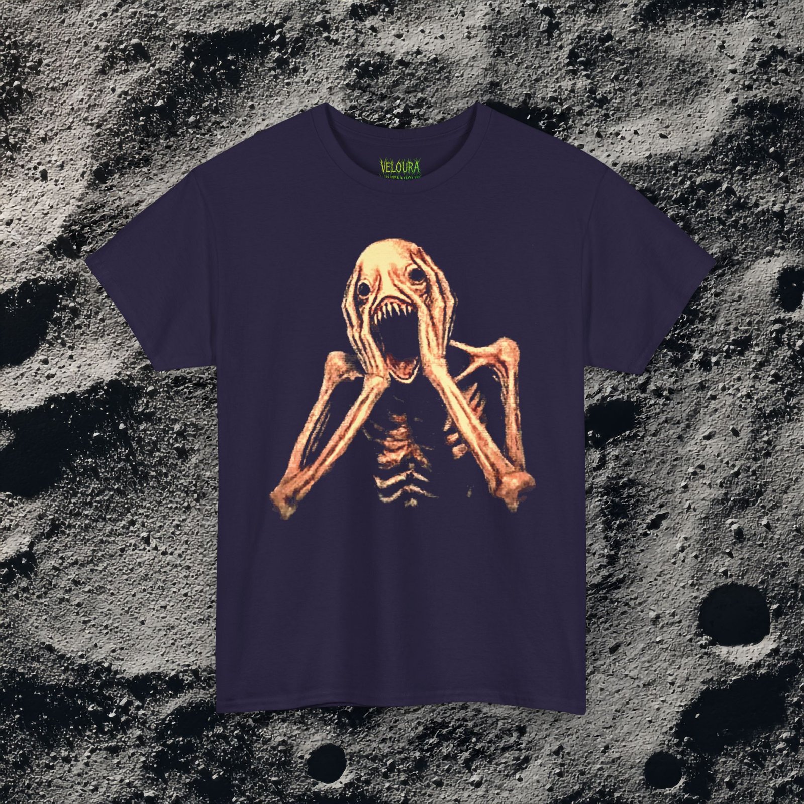 This shirt features a grotesque skeletal creature with pale, stretched skin and exposed rib-like bones, its elongated arms raised toward its head in a pose of eternal screaming, with clawed hands framing a wide gaping mouth filled with sharp jagged teeth, empty black eye sockets above adding to its nightmarish expression, the design rendered in eerie detail against a solid black background, creating a disturbing and unsettling analog horror aesthetic.