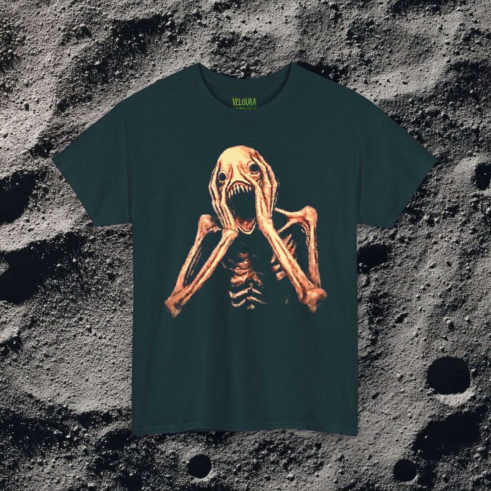 This shirt features a grotesque skeletal creature with pale, stretched skin and exposed rib-like bones, its elongated arms raised toward its head in a pose of eternal screaming, with clawed hands framing a wide gaping mouth filled with sharp jagged teeth, empty black eye sockets above adding to its nightmarish expression, the design rendered in eerie detail against a solid black background, creating a disturbing and unsettling analog horror aesthetic.