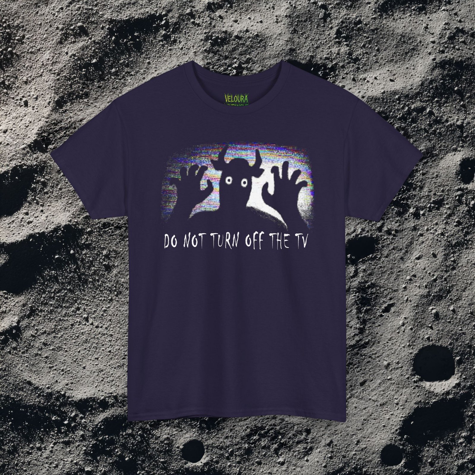 Scary analog horror t-shirt featuring a disturbing creature behind a static screen and watching directly from there. Beneath it reads "DO NOT TURN OFF THE TV"