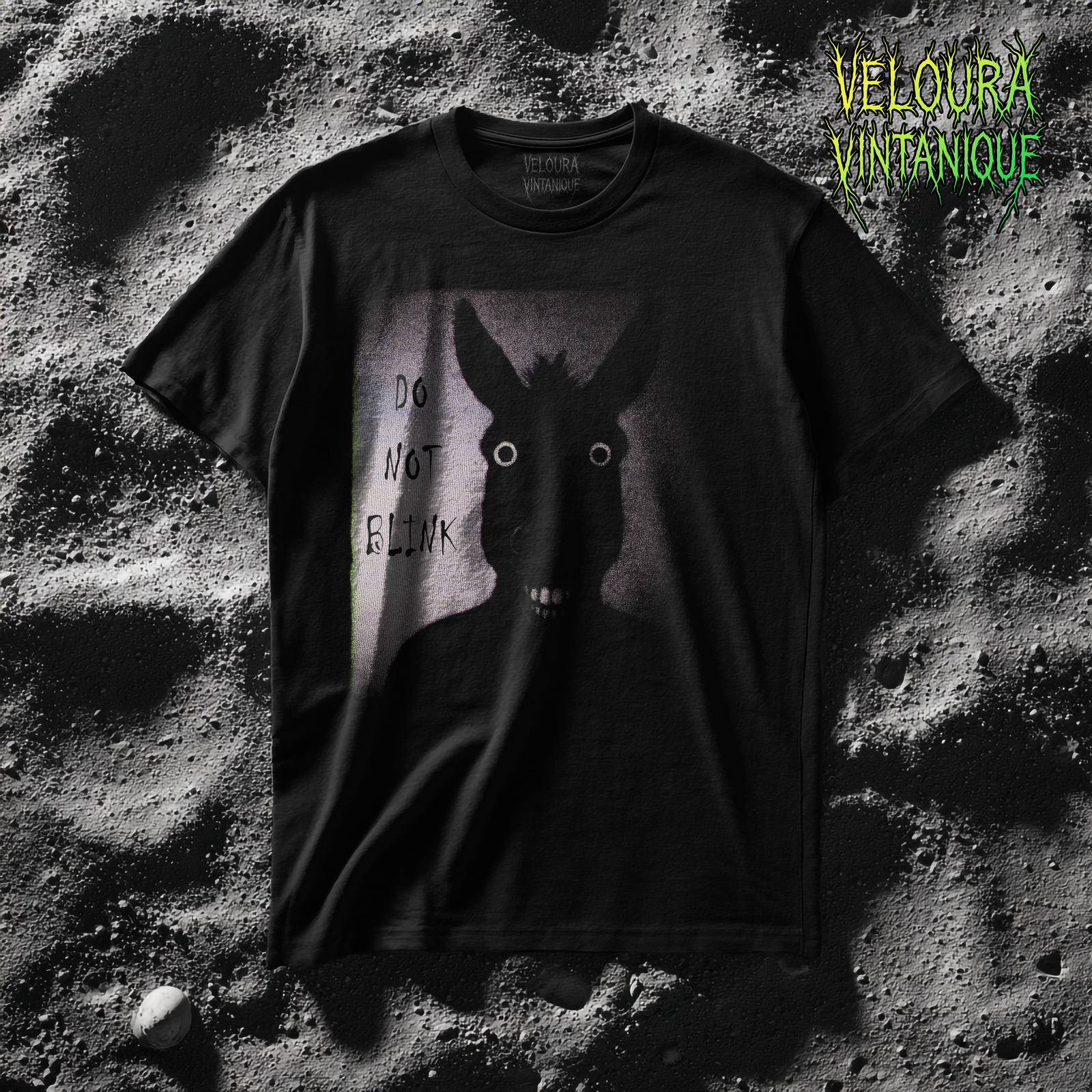 Horrifying analog horror donkey t-shirt. Scary analog horror shirt design featuring a static image of a donkey with creepy eyes. On the left it reads "DO NOT BLINK".