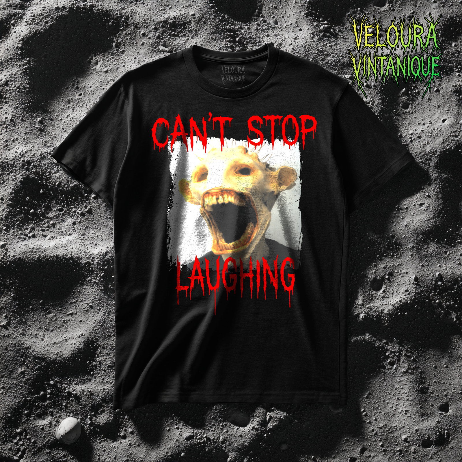 Analog horror t-shirt. Featuring a horrifying and funny design of a laughing man with horrible looking teeth. The shirt says "CAN'T STOP LAUGHING"
