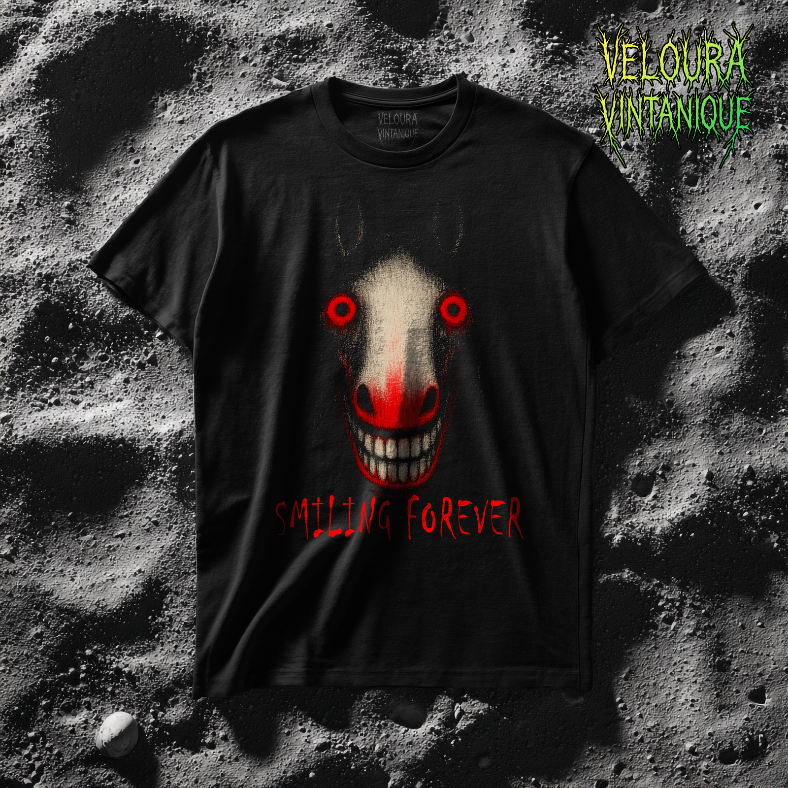 Horrifying reddish horse analog horror t-shirt. Terrifying horse is looking directly into your soul with red teeth and eyes. Underneath the graphic design it reads "SMILING FOREVER"