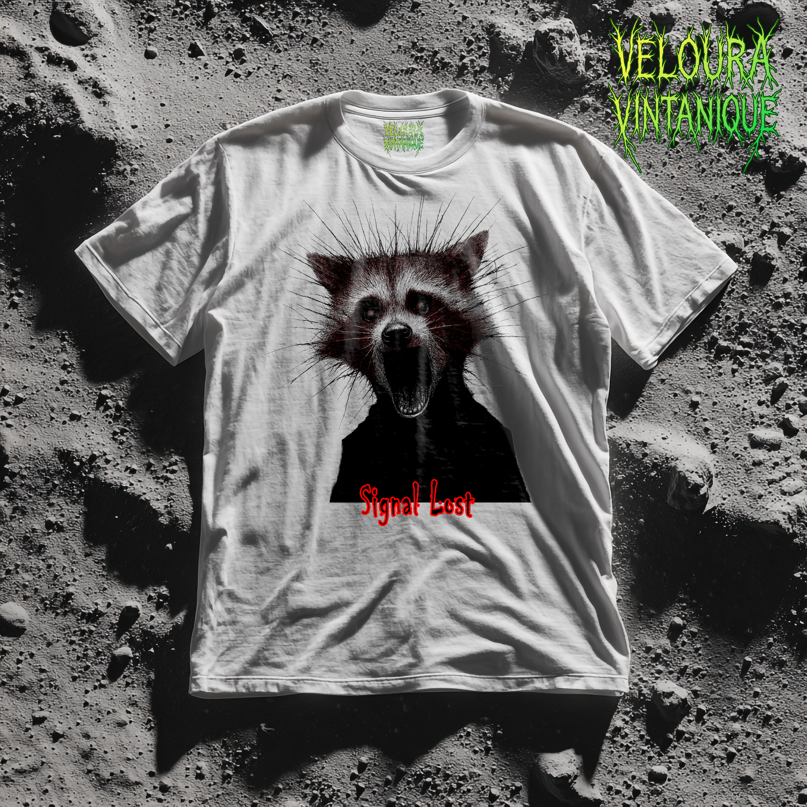 signal lost analog horror raccoon shirt. The design features a scary looking horror raccoon screaming with spikes poking out of its head.