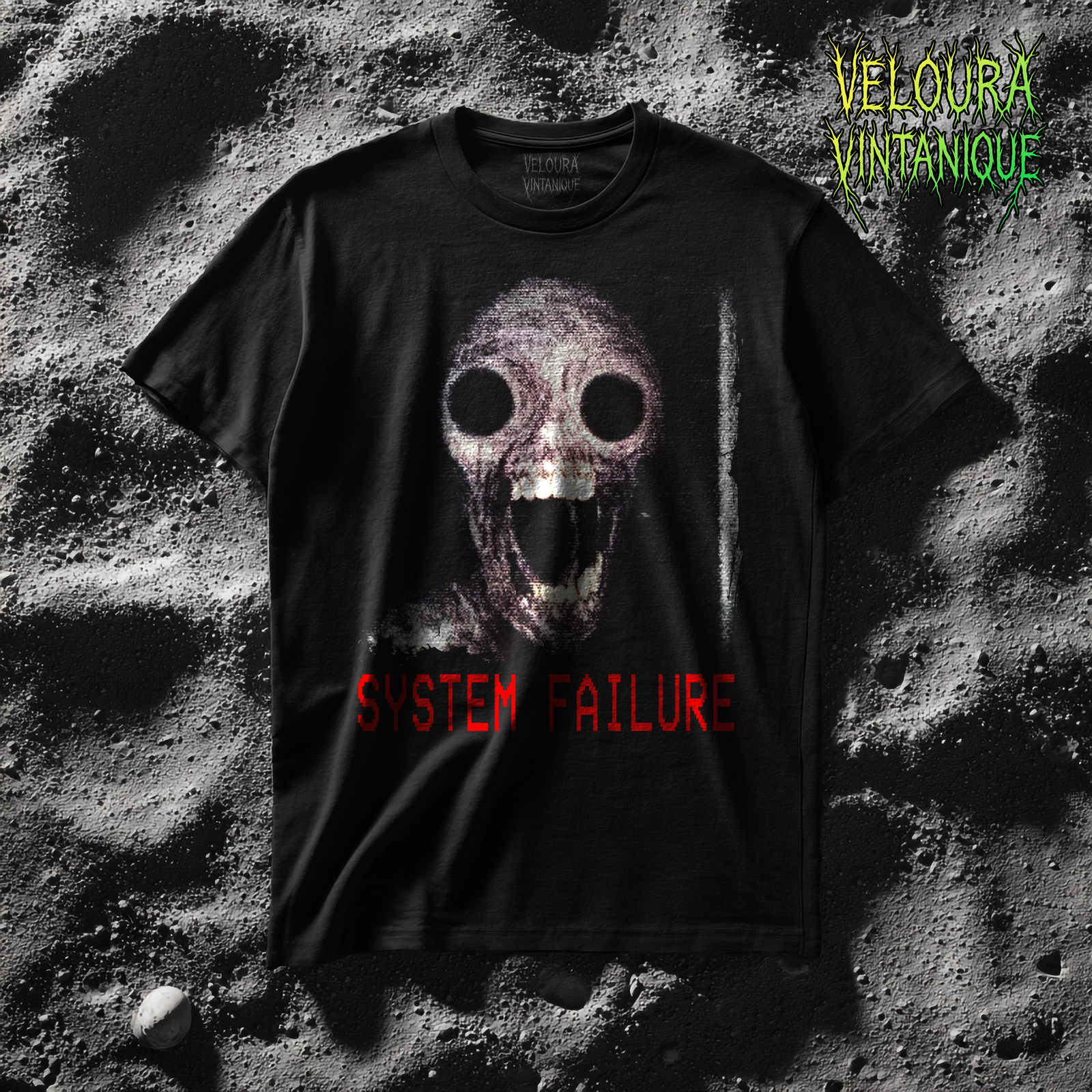 This T-shirt features a dark horror-inspired design with a distorted, skull-like face at the center, its mouth wide open in a scream and its hollow black eyes staring forward, rendered in a grainy, glitchy style that gives it an unsettling analog horror aesthetic; beneath the face, in bold red pixelated text, the words “SYSTEM FAILURE” appear, enhancing the disturbing, corrupted digital atmosphere of the overall artwork.