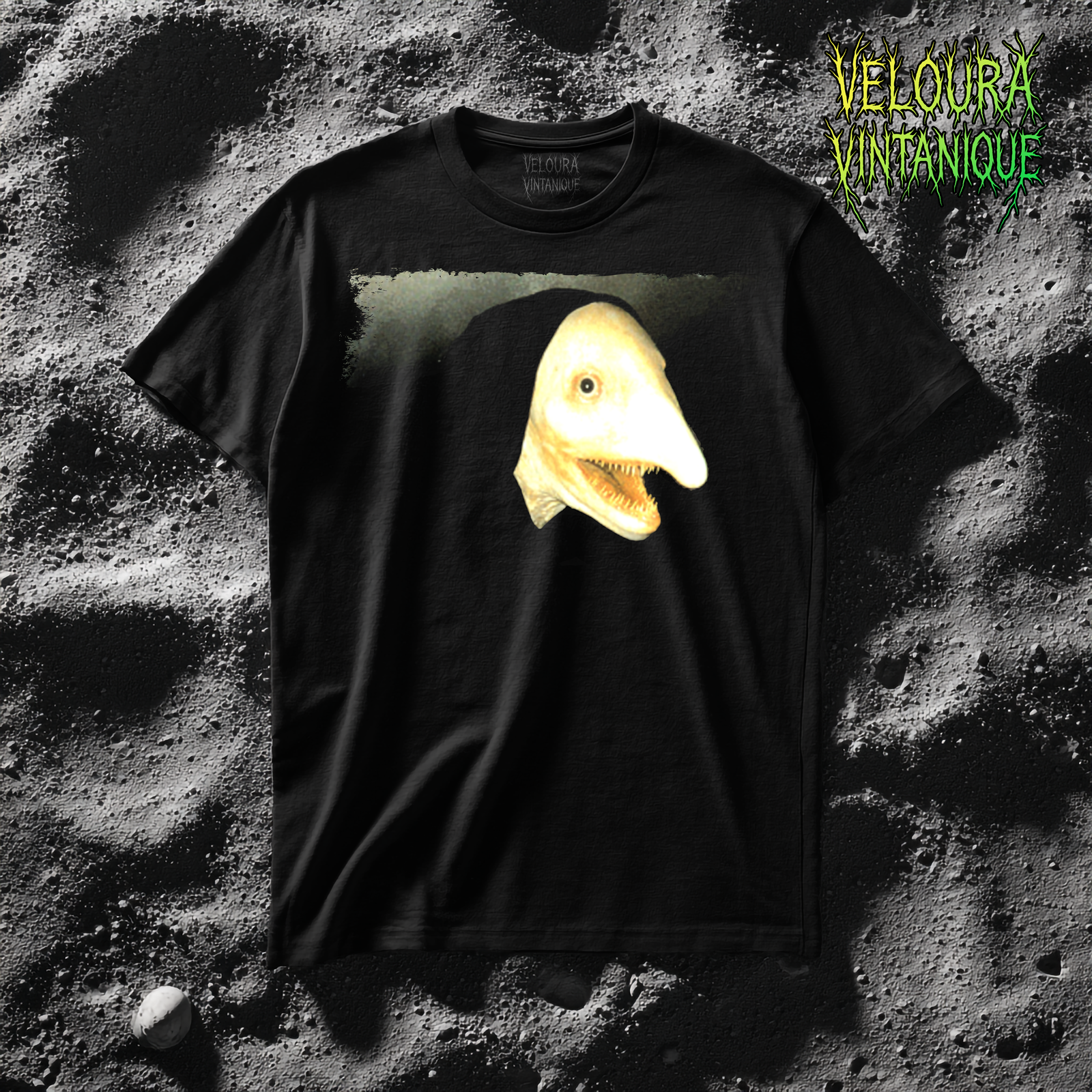 Uncanny analog horror creature in darkness with sharp teeth and human like appearance. T-shirt.