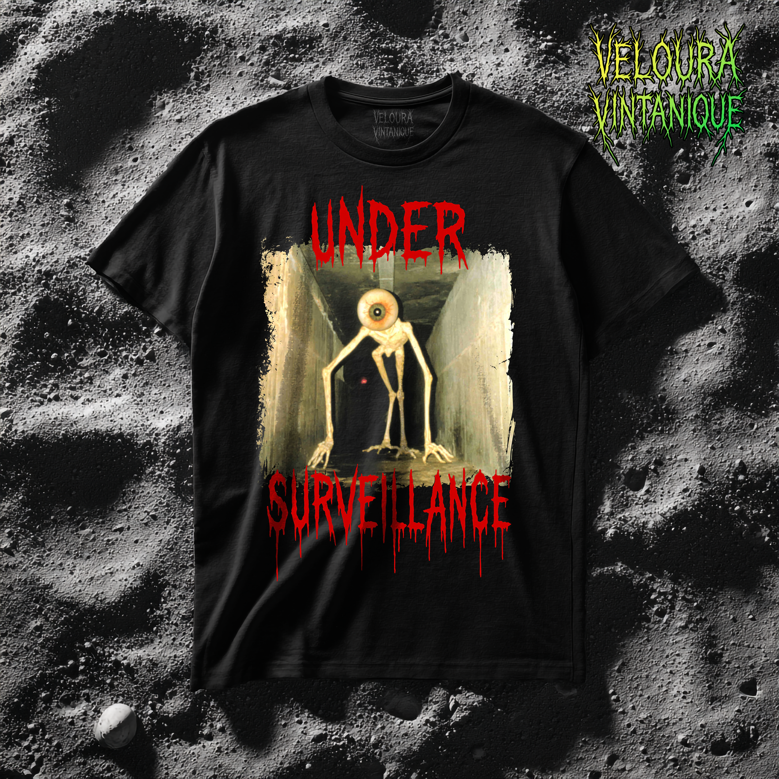 under surveillance creepy eye analog horror creature t-shirt. Horrifying massive creature with big eye in a scary tunnel. Great shirt for halloween lovers and analog horror lovers.
