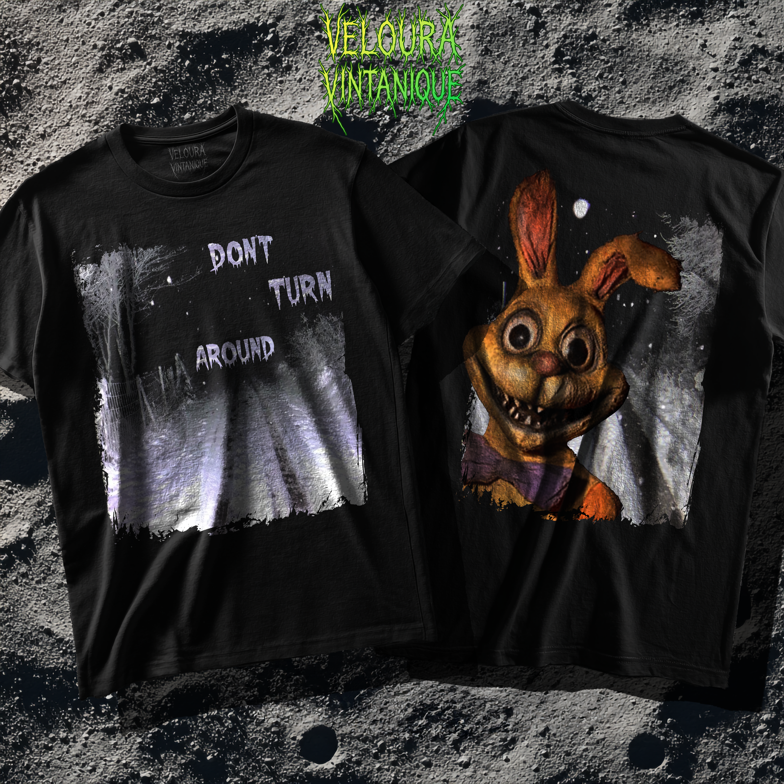 The design features a snowy forest road at night under falling snowflakes, illuminated by a harsh flash that reveals deep tire tracks disappearing into darkness, with the chilling phrase “DON’T TURN AROUND” written in icy, distorted letters above. On the back, a disturbing vintage-style mascot resembling an animatronic rabbit with wide, staring eyes, a cracked grin, and an old bow tie stands in the snow, facing directly toward the viewer as if it had just stepped out of the shadows.