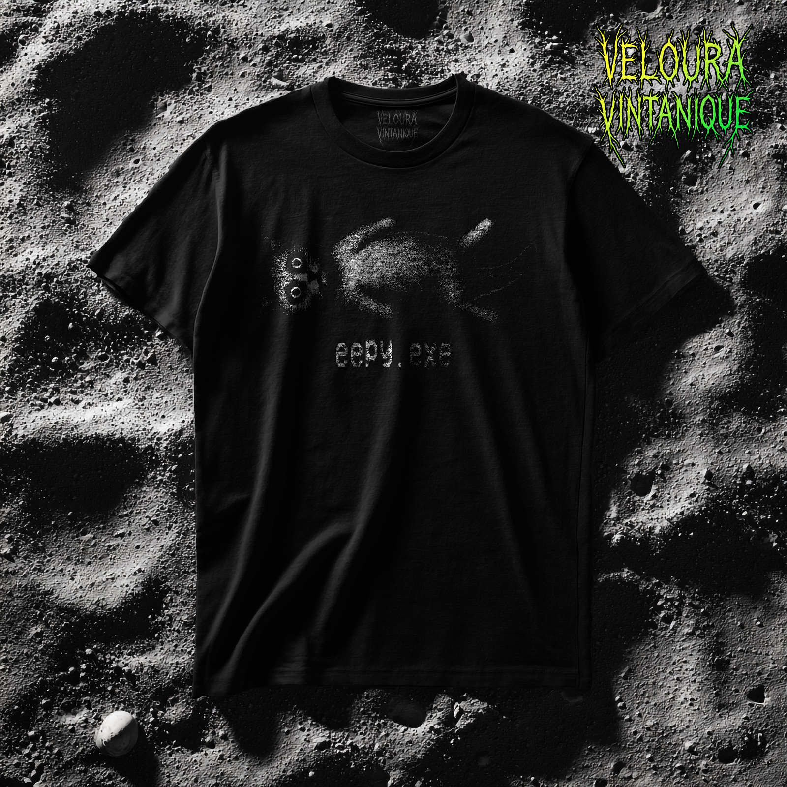 This creepy “eepy.exe” T-shirt features a distorted glitch-style cat lying on its back with bright, unsettling eyes and a fuzzy static texture. The artwork looks like corrupted VHS footage or a broken video file, giving the shirt a unique creepycore, weirdcore and digital-horror aesthetic. Perfect for fans of strange pets, glitch art, catcore, and unsettling retro graphics. Printed in high quality for crisp details on your chosen shirt color.