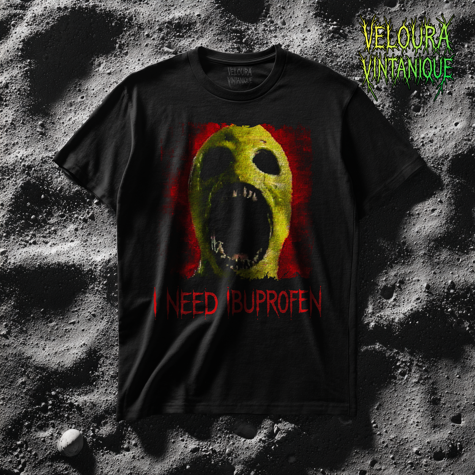 This horror meme T-shirt features a bright green screaming creature with hollow black eyes, set against a raw, blood-red textured background. Beneath the artwork, the phrase “I NEED IBUPROFEN” is printed in dripping red horror font, blending dark humor with creepy aesthetic. Perfect for fans of scary memes, alternative streetwear, Halloween outfits, and anyone who loves bizarre, surreal monster art with a comedic twist. Printed on a soft, high-quality shirt.