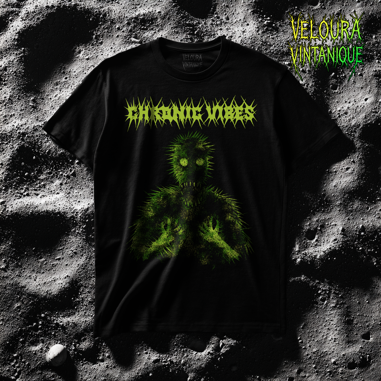 This horror graphic T-shirt features a disturbing neon-green spiked humanoid creature set against a deep black background. The figure appears organic and hostile, covered in sharp thorn-like textures with glowing eyes and a distorted skeletal mouth. Above the creature, jagged death-metal–inspired typography spells out “CHRONIC VIBES,” reinforcing the aggressive, unsettling tone. The high-contrast green-on-black palette gives the design a toxic, radioactive feel, perfect for fans of horror art, underground aesthetics, and dark alternative fashion.