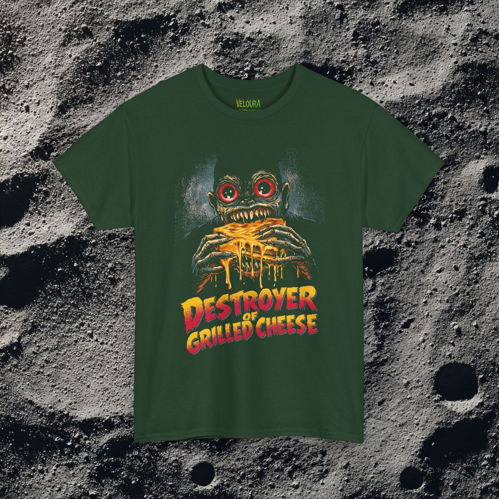 This bold and hilarious T-shirt features a monstrous creature with glowing red eyes devouring a dripping, melty grilled cheese sandwich, paired with the phrase βDestroyer of Grilled Cheese.β The design blends horror aesthetics with dark humor, making it perfect for food lovers who enjoy edgy, meme-style graphics. With its vivid colors, exaggerated expression, and gooey cheese details, this shirt instantly grabs attention and sparks laughs. Ideal for fans of quirky humor, creepy art, late-night snacks, and unapologetic comfort food obsession.
