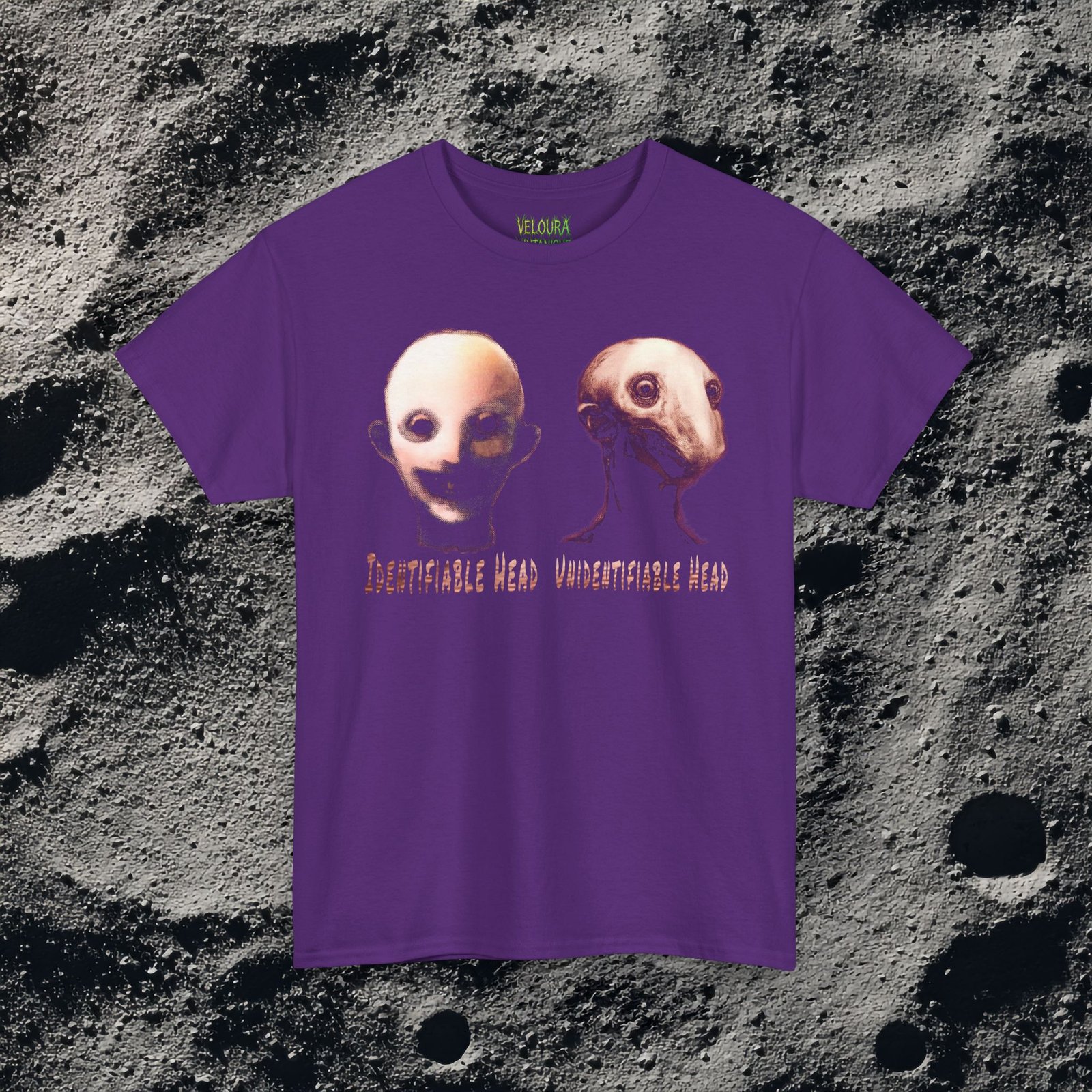 This unsettling design features two distorted humanoid heads displayed side by side, labeled “Identifiable Head” and “Unidentifiable Head.” One face appears partially human, while the other is warped into an unrecognizable, creature-like form. The dark lighting, grainy textures, and subtle red tones create a disturbing analog horror atmosphere that feels surreal and nightmarish. Perfect for fans of creepy art, weirdcore, analog horror, and psychological visual storytelling.