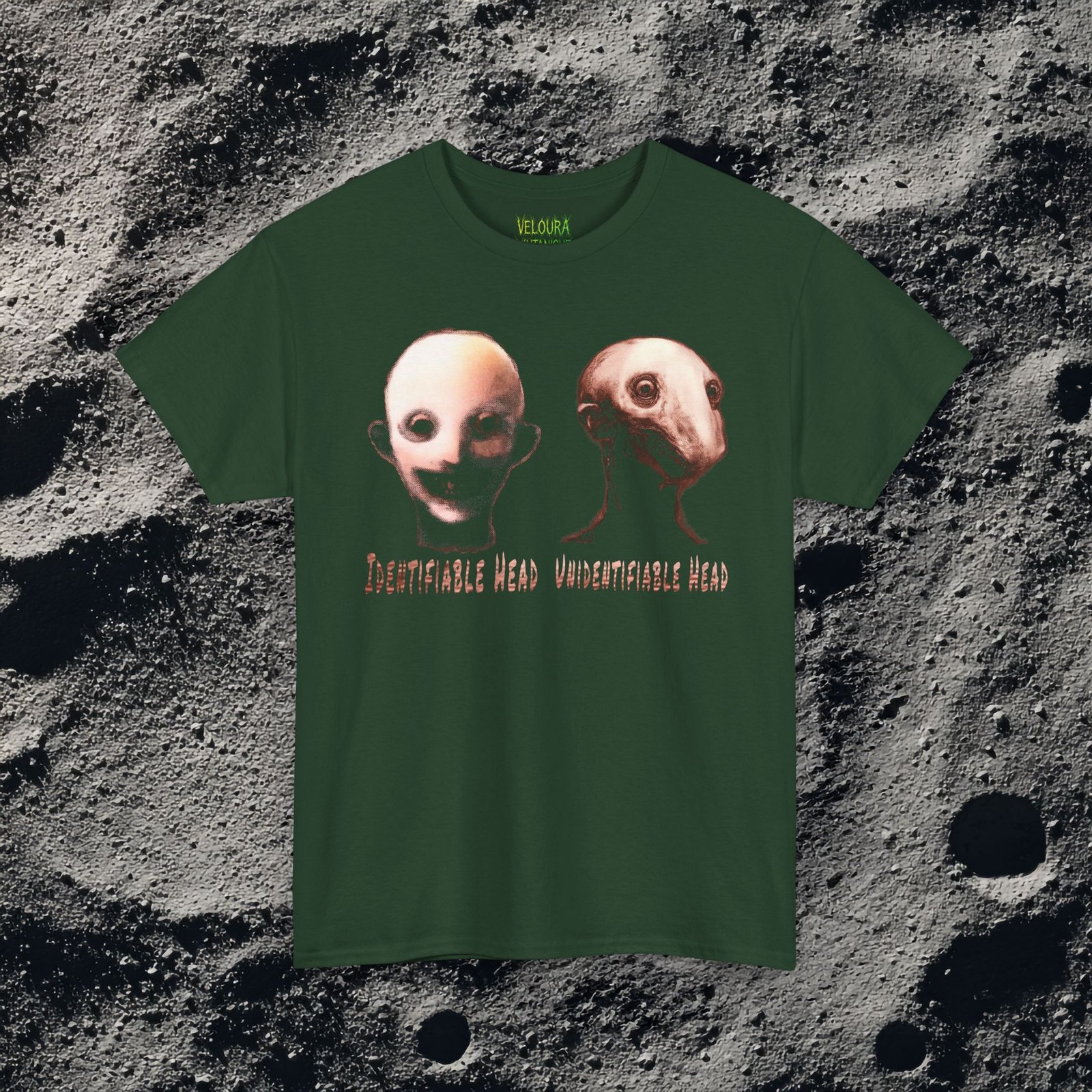 This unsettling design features two distorted humanoid heads displayed side by side, labeled “Identifiable Head” and “Unidentifiable Head.” One face appears partially human, while the other is warped into an unrecognizable, creature-like form. The dark lighting, grainy textures, and subtle red tones create a disturbing analog horror atmosphere that feels surreal and nightmarish. Perfect for fans of creepy art, weirdcore, analog horror, and psychological visual storytelling.