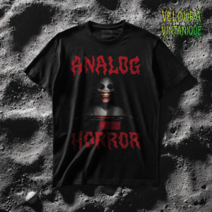 This T-shirt features a disturbing analog horror design with a shadowy smiling figure emerging from darkness, framed by bold dripping red ANALOG HORROR text. The grainy texture, low-contrast lighting, and VHS-style distortion create the feeling of a cursed tape still playing long after it should have stopped. The unsettling grin and minimal color palette amplify the psychological horror aesthetic, making this shirt perfect for fans of analog horror, creepypasta, liminal media, and retro VHS nightmares.