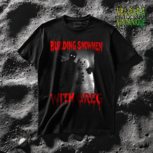 This chilling winter horror design features a grainy black-and-white image of a shadowy figure standing beside a snowman, paired with dripping red text reading “Building Snowmen With Greg.” The contrast between the innocent winter theme and the ominous presence of the dark figure creates an unsettling, surreal atmosphere. Inspired by analog horror and found-footage aesthetics, this design is perfect for fans of creepy winter art, weirdcore, and unsettling visual storytelling.
