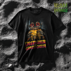 This bold and hilarious T-shirt features a monstrous creature with glowing red eyes devouring a dripping, melty grilled cheese sandwich, paired with the phrase “Destroyer of Grilled Cheese.” The design blends horror aesthetics with dark humor, making it perfect for food lovers who enjoy edgy, meme-style graphics. With its vivid colors, exaggerated expression, and gooey cheese details, this shirt instantly grabs attention and sparks laughs. Ideal for fans of quirky humor, creepy art, late-night snacks, and unapologetic comfort food obsession.