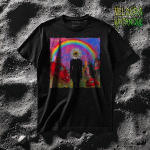 This surreal dreamcore T-shirt features a striking, otherworldly scene filled with symbolic and unsettling imagery. At the center stands a black silhouette figure with a daisy flower head and a single realistic eye, framed by a vivid rainbow arching across a distorted dream landscape. Around the figure are floating red shapes with eyes, creating an uncanny, liminal atmosphere. The colors are saturated and textured, giving the design a vintage, analog-style dream aesthetic that blends surreal art, dreamcore, and subtle horror elements.