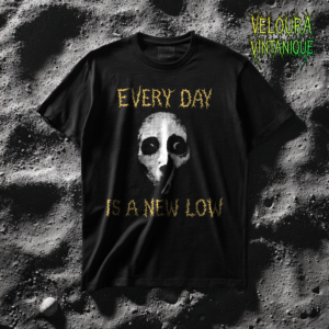 This haunting design features a distorted, ghostly face with deep black eyes emerging from a textured, shadowy background. The unsettling expression is paired with jagged, horror-inspired typography reading “Every Day Is a New Low,” enhancing the bleak and darkly humorous tone of the artwork. The rough, grunge-style textures give the design a raw, underground feel, perfect for fans of horror aesthetics, emo fashion, goth style, and surreal dark art. This shirt is made for those who appreciate unsettling visuals with emotional depth.