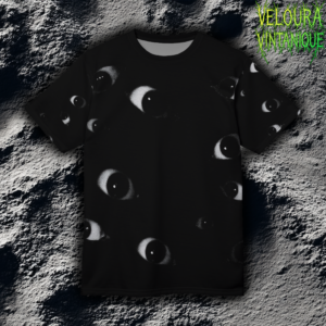 This eerie all-over print T-shirt features a repeating pattern of realistic, shadowed eyes emerging from deep black fabric, creating a constant feeling of being watched. The monochrome palette enhances the unsettling atmosphere, while the soft gradients and grainy texture give it a dreamlike, analog-horror aesthetic. Designed for fans of surreal fashion, creepy visuals, and dark streetwear, this piece blends minimalist horror with bold visual impact. Perfect for those who love unsettling art, psychological themes, and unique statement clothing.
