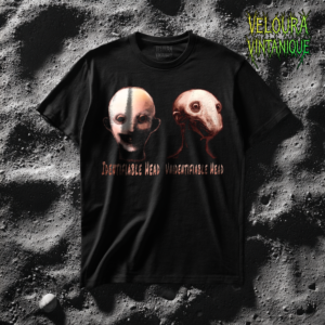 This unsettling design features two distorted humanoid heads displayed side by side, labeled “Identifiable Head” and “Unidentifiable Head.” One face appears partially human, while the other is warped into an unrecognizable, creature-like form. The dark lighting, grainy textures, and subtle red tones create a disturbing analog horror atmosphere that feels surreal and nightmarish. Perfect for fans of creepy art, weirdcore, analog horror, and psychological visual storytelling.