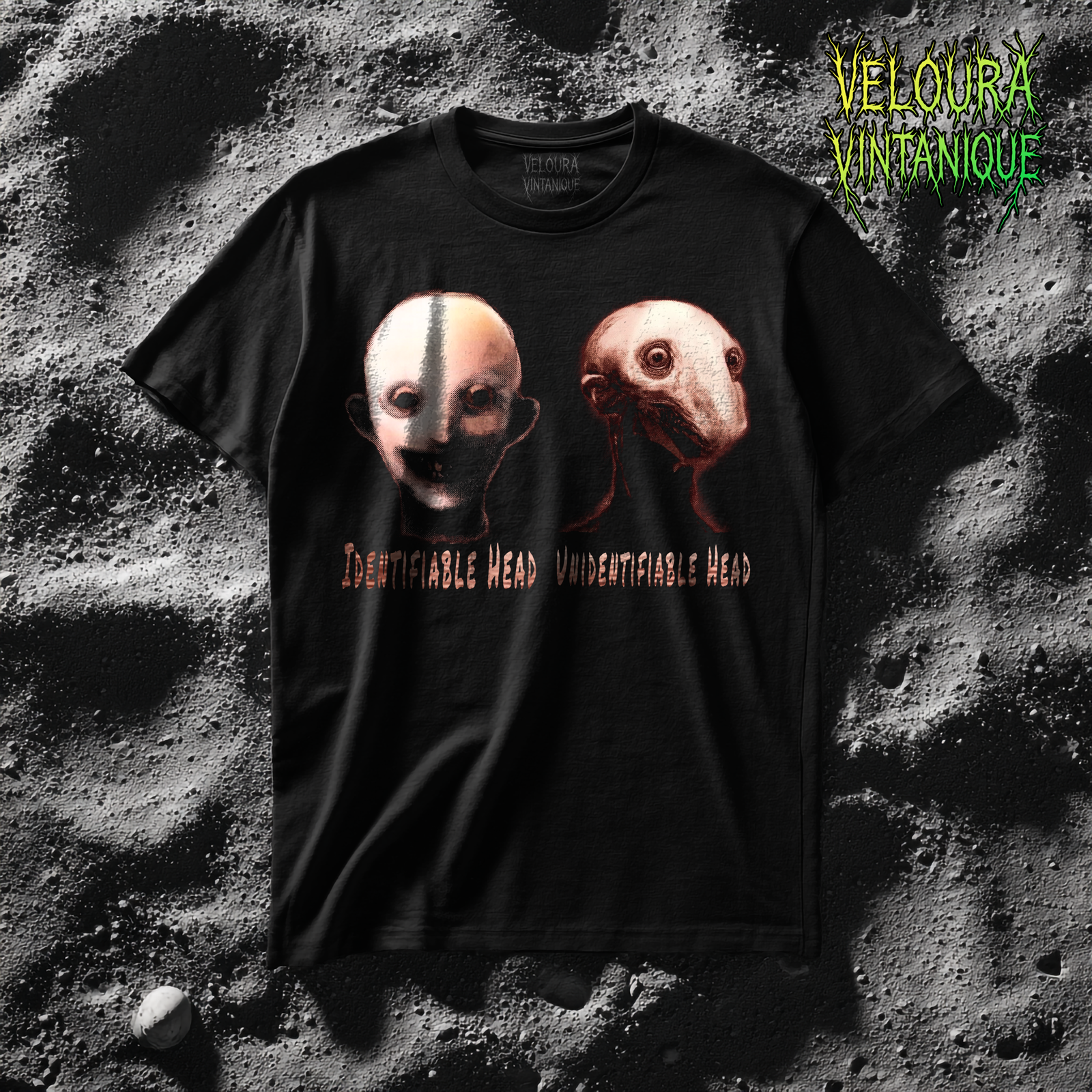 This unsettling design features two distorted humanoid heads displayed side by side, labeled “Identifiable Head” and “Unidentifiable Head.” One face appears partially human, while the other is warped into an unrecognizable, creature-like form. The dark lighting, grainy textures, and subtle red tones create a disturbing analog horror atmosphere that feels surreal and nightmarish. Perfect for fans of creepy art, weirdcore, analog horror, and psychological visual storytelling.