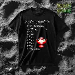 This dark and unsettling design features a distorted, glowing red smile with eerie floating eyes emerging from deep black shadows. Above it, a handwritten-style schedule lists a chaotic daily routine, creating an unsettling contrast between humor and horror. The blurry textures and ghostly lighting give the artwork a surreal, nightmare-like atmosphere. This shirt is perfect for fans of creepy aesthetics, analog horror, weirdcore, liminal vibes, and dark humor fashion.