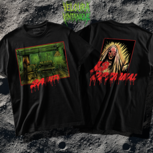 This T-shirt features a striking double-panel analog horror design inspired by VHS-era fear and unsettling internet horror. One illustration shows a decaying, green-lit living room frozen in time, evoking liminal space anxiety and the feeling of being watched. The second panel reveals a disturbing red-toned skeletal nun figure with hollow eyes and dripping text, radiating religious horror and forbidden imagery. The rough hand-drawn style, heavy textures, and blood-red accents create a bold statement piece for fans of analog horror, occult art, and dark graphic fashion.