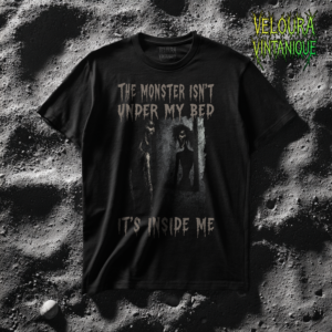 This T-shirt features a dark, unsettling analog horror design showing a shadowy figure reflected in a mirror, paired with the chilling text: “The monster isn’t under my bed. It’s inside me.” The grainy, distressed texture creates a VHS-era aesthetic inspired by creepypasta, psychological horror, and liminal fear. Rather than jump scares, this artwork focuses on internal dread, identity, and quiet terror. Perfect for fans of subtle horror, eerie quotes, and unsettling visual storytelling.