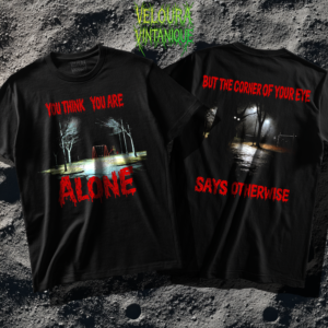 This unsettling double-sided design features a dark, rainy playground at night on the front with the text “You Think You Are Alone,” and a shadowy park path on the back with glowing eyes in the distance and the words “But the Corner of Your Eye Says Otherwise.” The grainy, low-light imagery and dripping red horror typography create a strong analog horror and liminal space atmosphere. Perfect for fans of creepy quotes, psychological horror, and eerie visual storytelling.