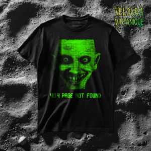 This striking design features a neon-green glitch face with distorted features and a pixelated, screen-error texture, paired with the text “404 Page Not Found.” Inspired by digital horror, cyberpunk aesthetics, and analog glitch art, the design blends tech culture with unsettling visuals. The high-contrast green on black creates a bold, eye-catching look that feels straight out of a corrupted screen. Perfect for fans of creepy tech art, hacker aesthetics, and dark digital fashion.
