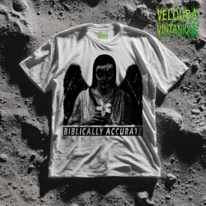 This dark gothic T-shirt features a haunting “biblically accurate” angel interpretation inspired by unsettling religious imagery. The design shows a shadowed angelic figure with black wings and a glowing cross held at the chest, rendered in gritty halftone black-and-white style. The bold text “BIBLICALLY ACCURATE” adds ironic meme energy while keeping a serious horror aesthetic. Perfect for fans of dark art, gothic fashion, biblical horror themes, and alternative streetwear.