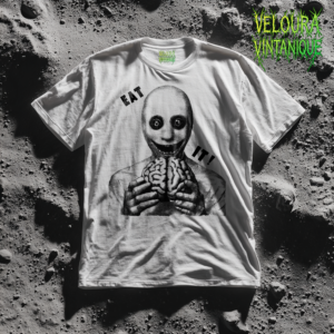 This unsettling horror graphic T-shirt features a bald, wide-eyed figure holding a realistic human brain with the bold phrase “EAT IT!” placed around the artwork. The black-and-white halftone illustration creates a disturbing analog horror aesthetic, blending surreal art with dark meme energy. The intense facial expression and gritty texture make this design perfect for fans of psychological horror, creepy art, internet horror culture, and alternative streetwear fashion.