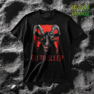This horror T-shirt features a terrifying demonic goat head with twisted horns, sharp fangs, and hypnotic spiral eyes set against a bold red background. The dripping blood-style typography reads “GO TO SLEEP,” enhancing the unsettling, nightmare-inspired aesthetic. The high-contrast black and red artwork creates a powerful gothic and occult vibe, perfect for horror fans, metal lovers, Halloween outfits, and dark streetwear enthusiasts who appreciate disturbing and intense graphic designs.