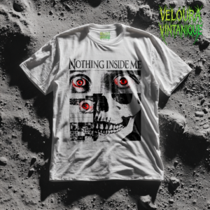 This intense design features a distorted skull-like face with glowing red eyes, layered with glitch textures and collage-style blocks. The bold text “Nothing Inside Me” adds a chilling psychological edge, while the rough, high-contrast black-and-white artwork gives strong analog horror and industrial vibes. The red eye accents create a striking focal point, making this tee perfect for fans of dark art, creepy aesthetics, and unsettling visual storytelling.