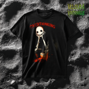 This unsettling yet relatable design features a skeletal figure sitting with its head in its hands, paired with the bold word “Overthinking.” The rough, textured artwork and dark color palette give the design a gritty, horror-inspired aesthetic while expressing a very human mental state. Perfect for fans of dark humor, weirdcore, and expressive graphic tees that reflect anxiety, introspection, and late-night thoughts.