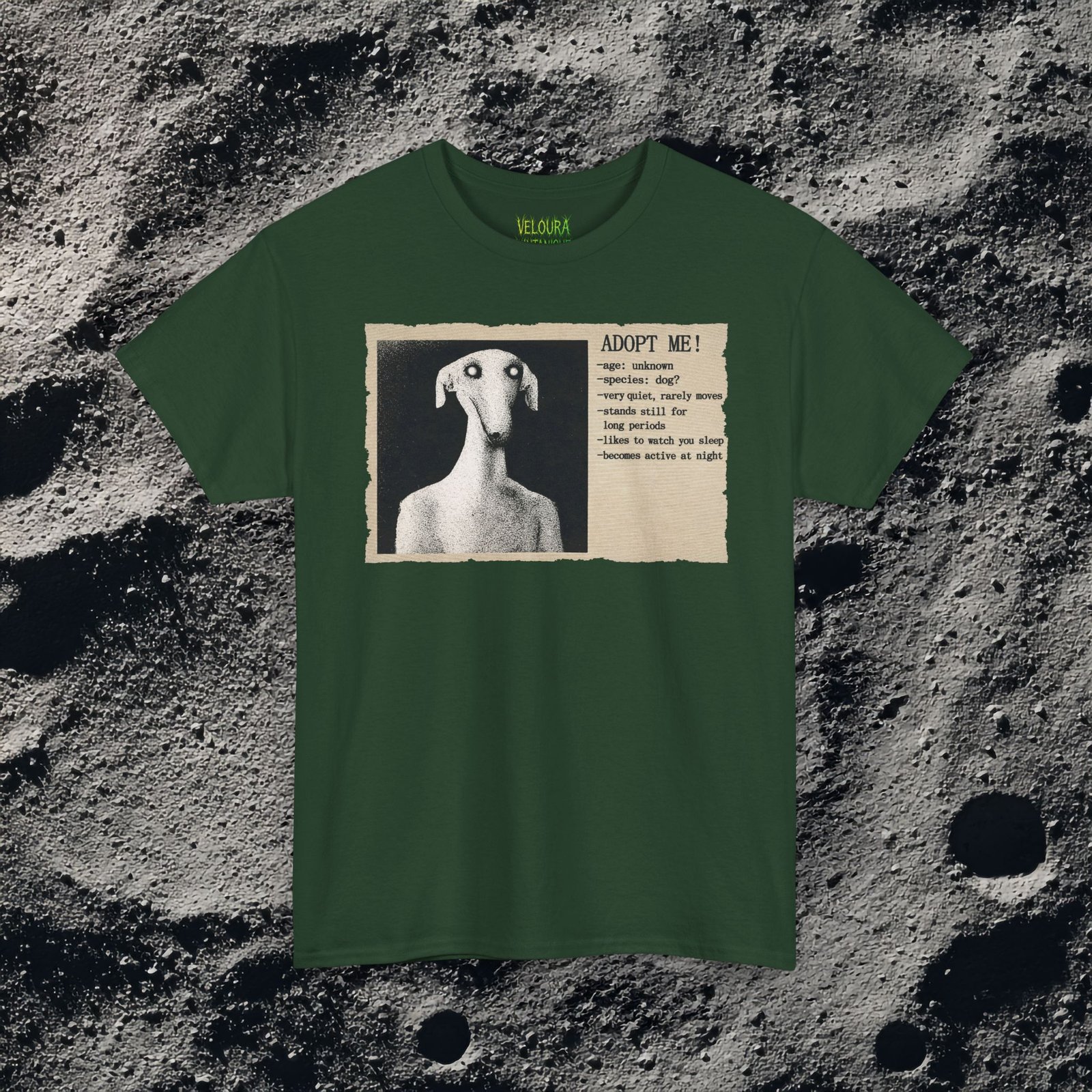 This eerie analog horror-inspired design features a distorted humanoid dog figure with glowing eyes, presented in a grainy black-and-white style. The artwork mimics an old, unsettling adoption poster with the headline “ADOPT ME!” followed by disturbing details like “age: unknown,” “species: dog?” and “likes to watch you sleep.” The textured paper background and vintage print effect enhance the unsettling atmosphere, making this design perfect for fans of analog horror, liminal spaces, and creepy surreal art.