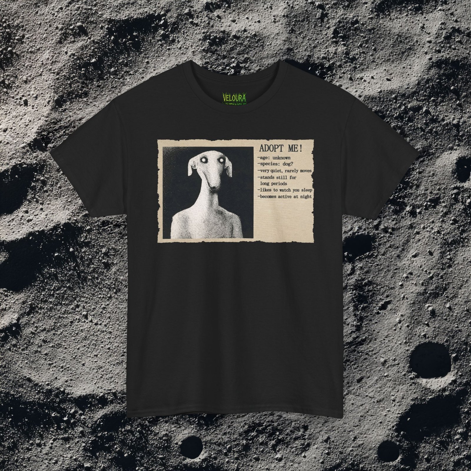 This eerie analog horror-inspired design features a distorted humanoid dog figure with glowing eyes, presented in a grainy black-and-white style. The artwork mimics an old, unsettling adoption poster with the headline “ADOPT ME!” followed by disturbing details like “age: unknown,” “species: dog?” and “likes to watch you sleep.” The textured paper background and vintage print effect enhance the unsettling atmosphere, making this design perfect for fans of analog horror, liminal spaces, and creepy surreal art.