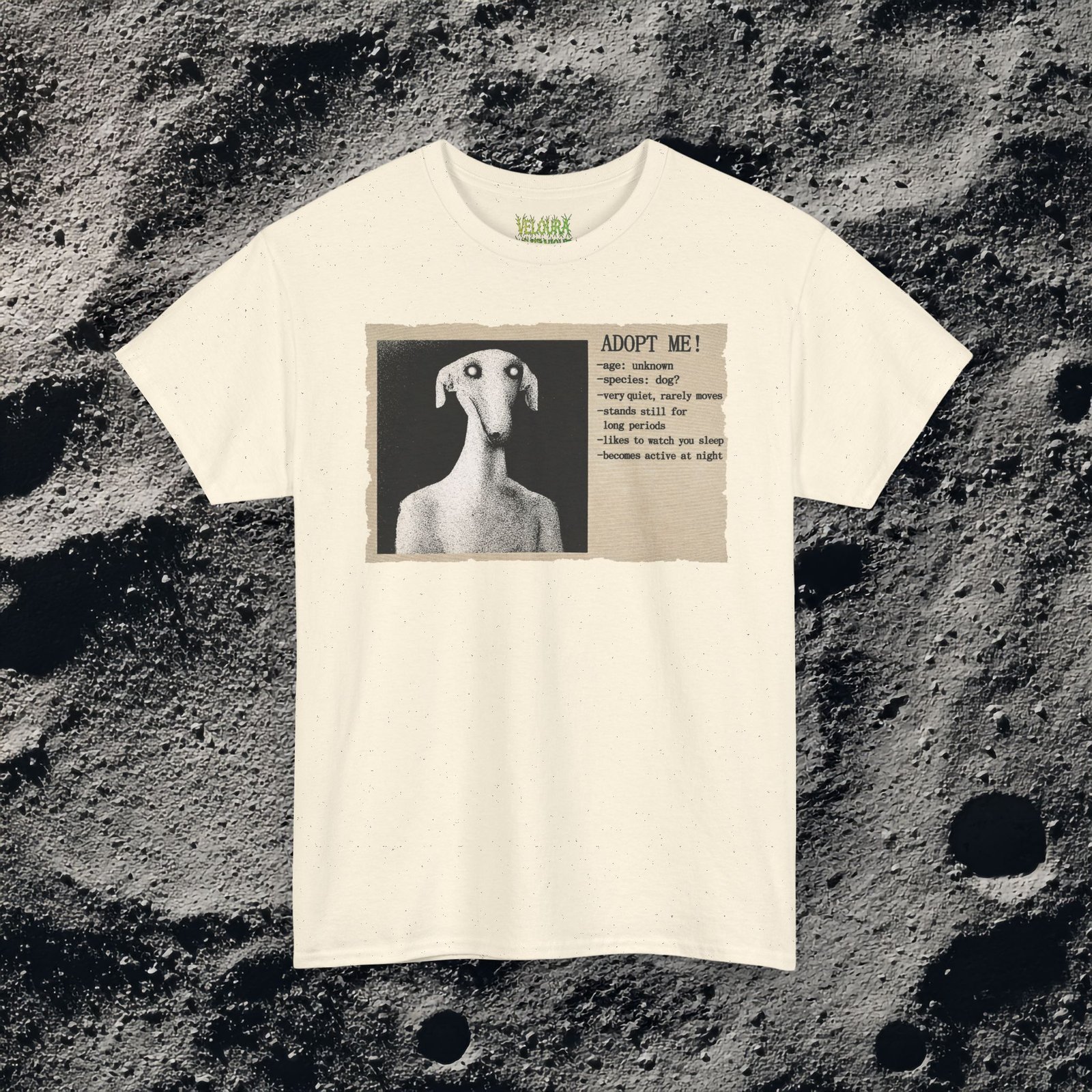 This eerie analog horror-inspired design features a distorted humanoid dog figure with glowing eyes, presented in a grainy black-and-white style. The artwork mimics an old, unsettling adoption poster with the headline “ADOPT ME!” followed by disturbing details like “age: unknown,” “species: dog?” and “likes to watch you sleep.” The textured paper background and vintage print effect enhance the unsettling atmosphere, making this design perfect for fans of analog horror, liminal spaces, and creepy surreal art.