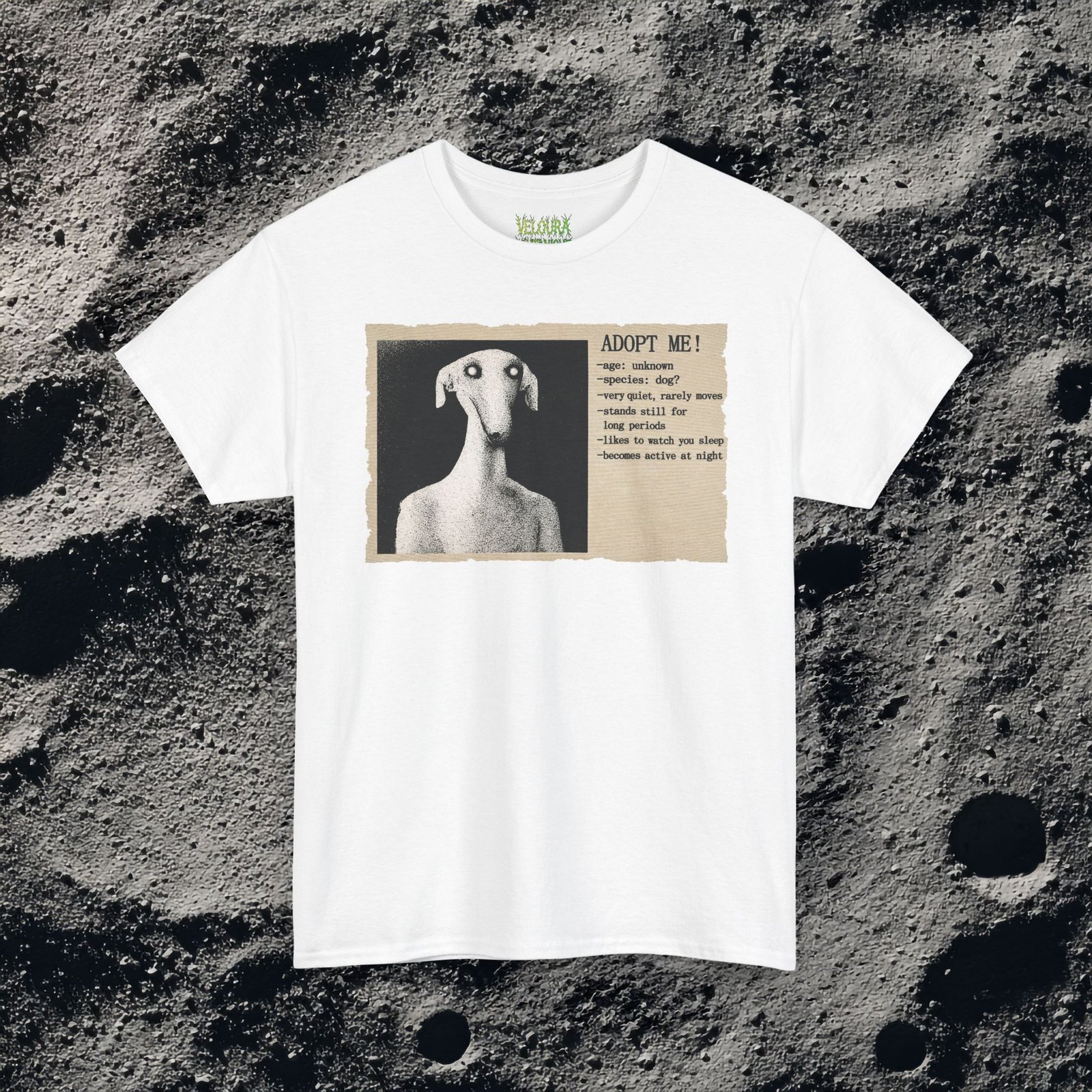 This eerie analog horror-inspired design features a distorted humanoid dog figure with glowing eyes, presented in a grainy black-and-white style. The artwork mimics an old, unsettling adoption poster with the headline “ADOPT ME!” followed by disturbing details like “age: unknown,” “species: dog?” and “likes to watch you sleep.” The textured paper background and vintage print effect enhance the unsettling atmosphere, making this design perfect for fans of analog horror, liminal spaces, and creepy surreal art.