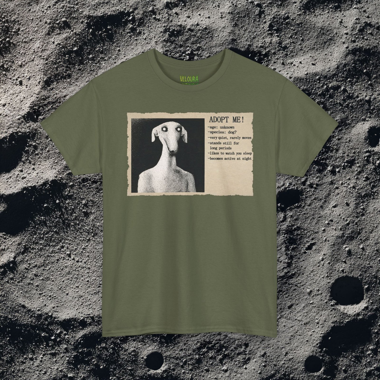 This eerie analog horror-inspired design features a distorted humanoid dog figure with glowing eyes, presented in a grainy black-and-white style. The artwork mimics an old, unsettling adoption poster with the headline “ADOPT ME!” followed by disturbing details like “age: unknown,” “species: dog?” and “likes to watch you sleep.” The textured paper background and vintage print effect enhance the unsettling atmosphere, making this design perfect for fans of analog horror, liminal spaces, and creepy surreal art.