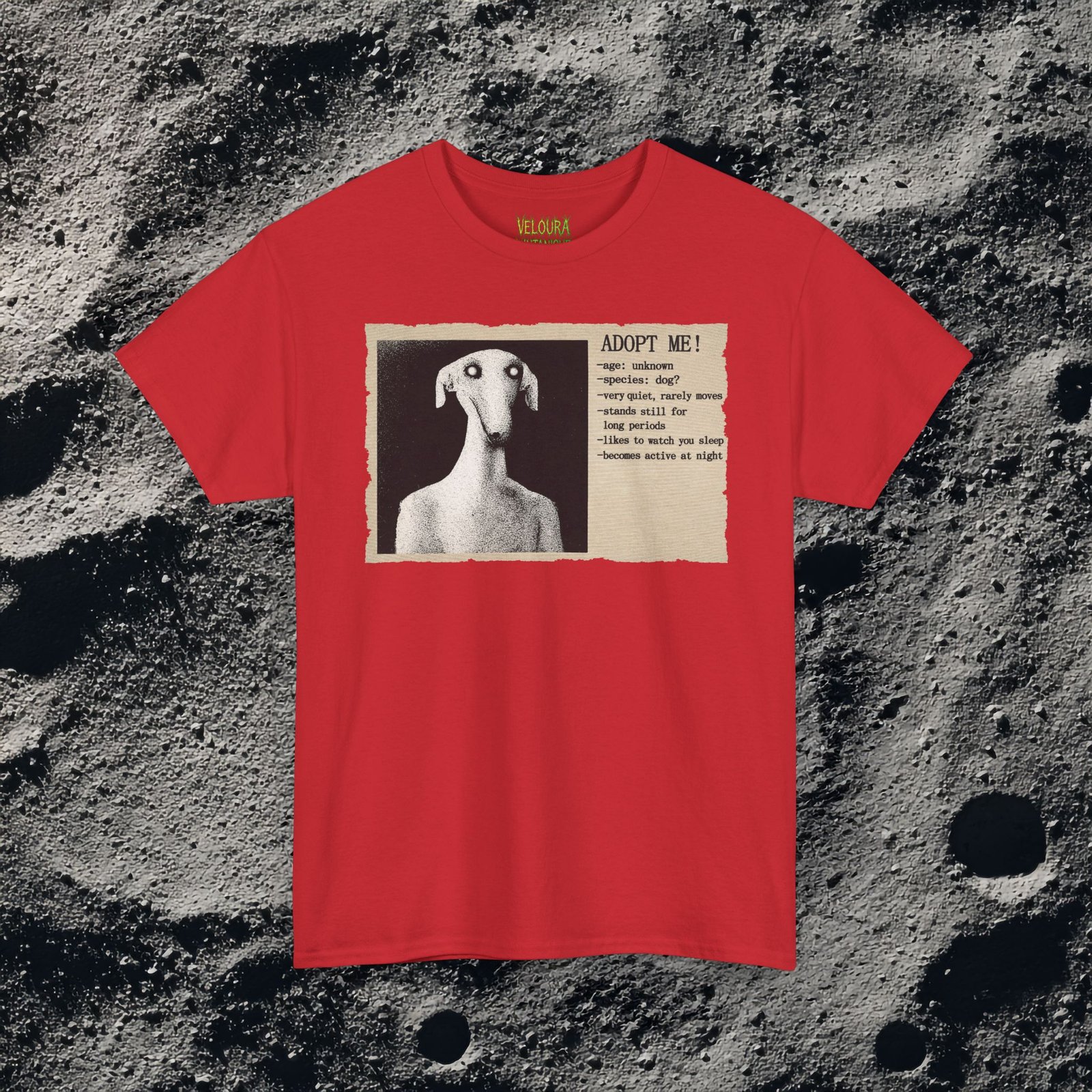 This eerie analog horror-inspired design features a distorted humanoid dog figure with glowing eyes, presented in a grainy black-and-white style. The artwork mimics an old, unsettling adoption poster with the headline “ADOPT ME!” followed by disturbing details like “age: unknown,” “species: dog?” and “likes to watch you sleep.” The textured paper background and vintage print effect enhance the unsettling atmosphere, making this design perfect for fans of analog horror, liminal spaces, and creepy surreal art.