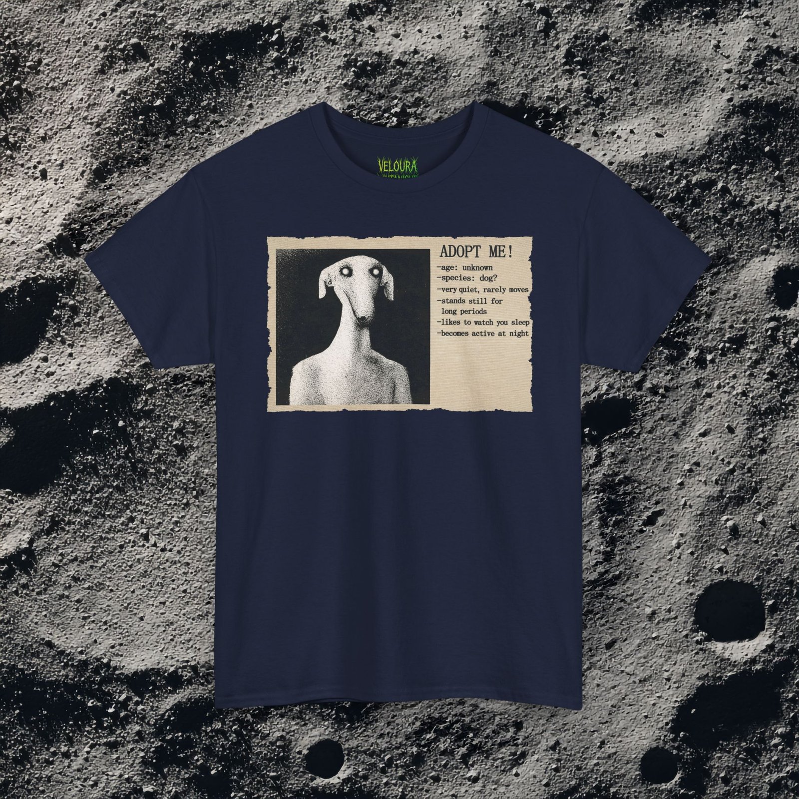 This eerie analog horror-inspired design features a distorted humanoid dog figure with glowing eyes, presented in a grainy black-and-white style. The artwork mimics an old, unsettling adoption poster with the headline “ADOPT ME!” followed by disturbing details like “age: unknown,” “species: dog?” and “likes to watch you sleep.” The textured paper background and vintage print effect enhance the unsettling atmosphere, making this design perfect for fans of analog horror, liminal spaces, and creepy surreal art.