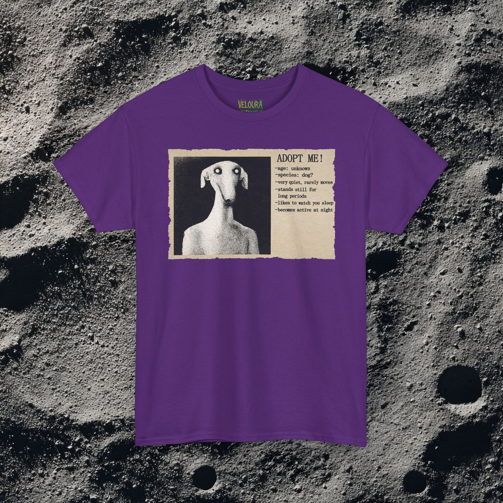 This eerie analog horror-inspired design features a distorted humanoid dog figure with glowing eyes, presented in a grainy black-and-white style. The artwork mimics an old, unsettling adoption poster with the headline “ADOPT ME!” followed by disturbing details like “age: unknown,” “species: dog?” and “likes to watch you sleep.” The textured paper background and vintage print effect enhance the unsettling atmosphere, making this design perfect for fans of analog horror, liminal spaces, and creepy surreal art.