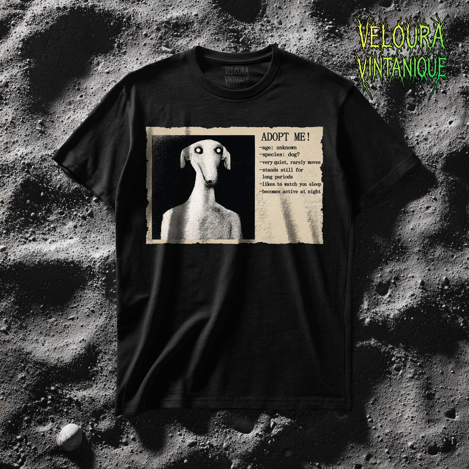 This eerie analog horror-inspired design features a distorted humanoid dog figure with glowing eyes, presented in a grainy black-and-white style. The artwork mimics an old, unsettling adoption poster with the headline “ADOPT ME!” followed by disturbing details like “age: unknown,” “species: dog?” and “likes to watch you sleep.” The textured paper background and vintage print effect enhance the unsettling atmosphere, making this design perfect for fans of analog horror, liminal spaces, and creepy surreal art.