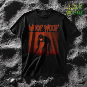 This disturbing horror T-shirt features a twisted dog-like creature standing in an unnatural pose against a deep red background. The creature’s elongated limbs, dark silhouette, and unsettling glowing mouth create a terrifying presence that feels inspired by analog horror and internet creepypasta imagery. Above the scene, dripping red horror typography spells “WOOF WOOF,” adding dark humor to the eerie design. The grainy, distorted style gives the artwork a retro analog horror atmosphere.